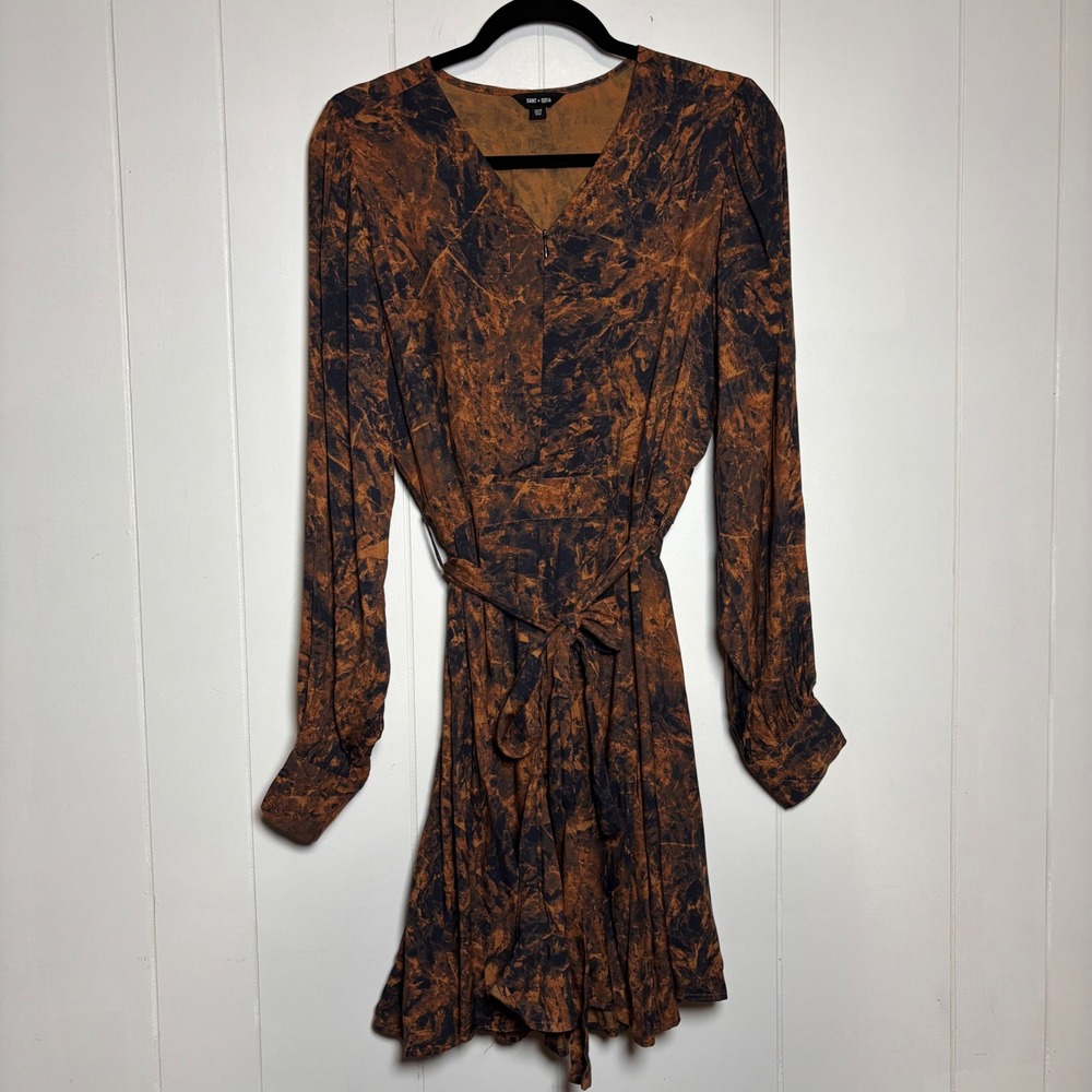 Saint + Sofia Joselyn Mini Dress Brown Marble Long Sleeve Tie Waist Sz 8